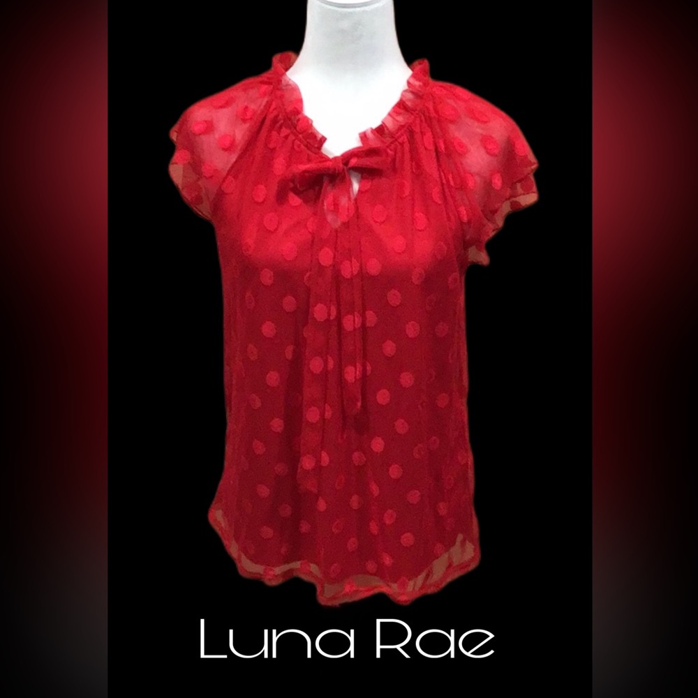 Luna Rae Red Dotted Lace‎ Blouse, Lined, Key Hole Tie, Tiered Flutter Sleeves, M